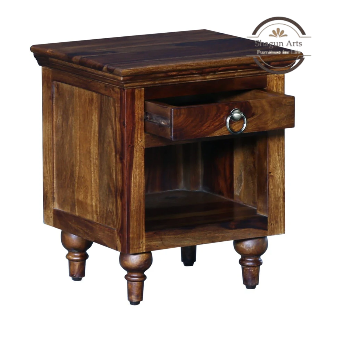 Solid Sheesham Wood Bedside Table with 1 Drawer & Open Shelf | Wooden Nightstand | Provincial Teak Finish