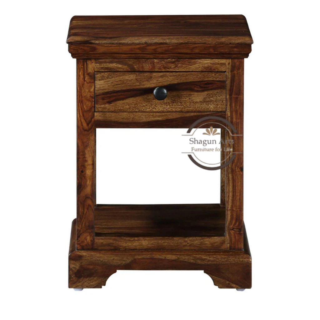 Solid Sheesham Wood Bedside Table with 1 Drawer & Open Shelf | Wooden Nightstand | Teak Finish
