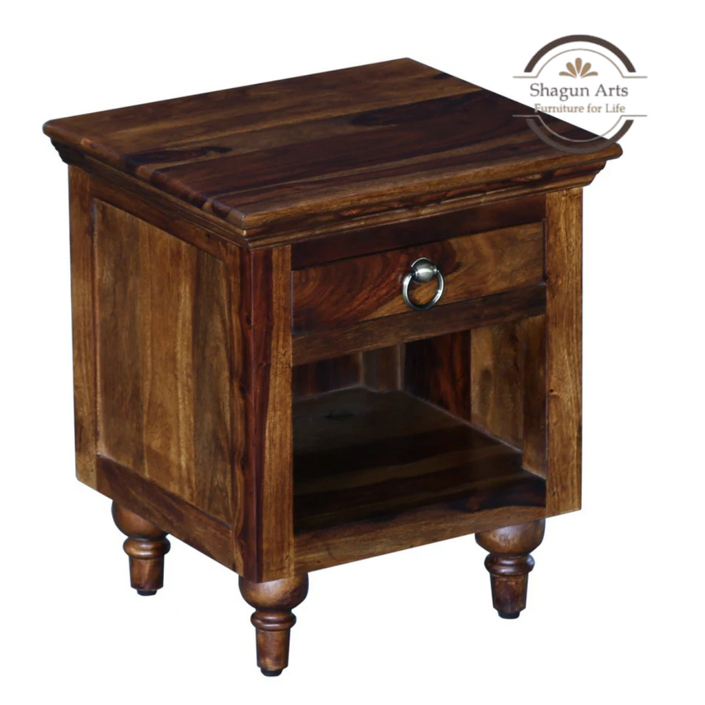 Solid Sheesham Wood Bedside Table with 1 Drawer & Open Shelf | Wooden Nightstand | Provincial Teak Finish