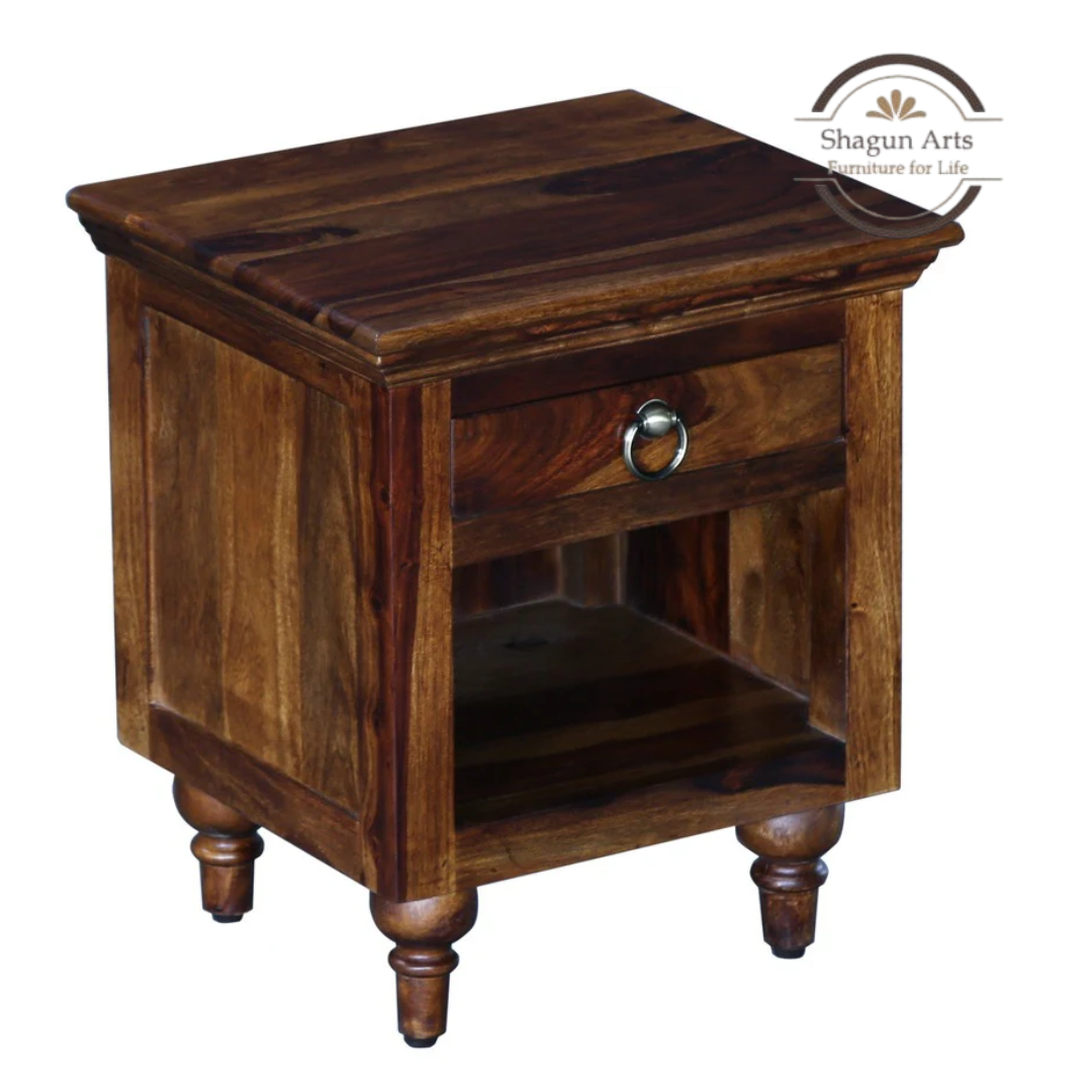Solid Sheesham Wood Bedside Table with 1 Drawer & Open Shelf | Wooden Nightstand | Provincial Teak Finish