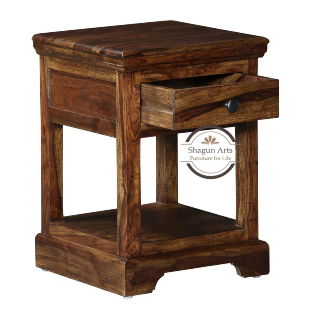 Solid Sheesham Wood Bedside Table with 1 Drawer & Open Shelf | Wooden Nightstand | Teak Finish