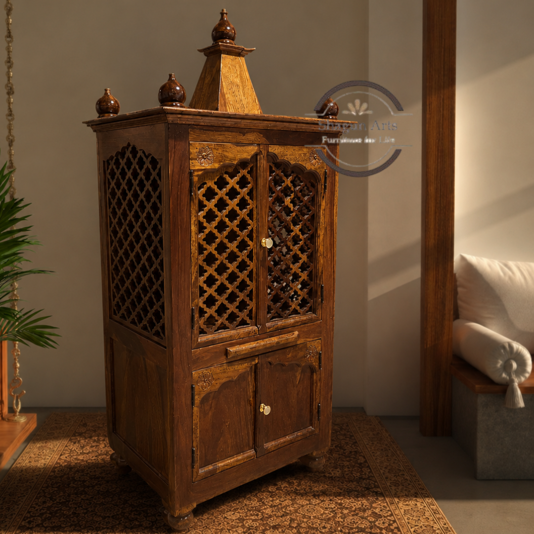 Handcrafted Wooden Pooja Mandir with Intricate Jaali Doors & Storage Cabinet