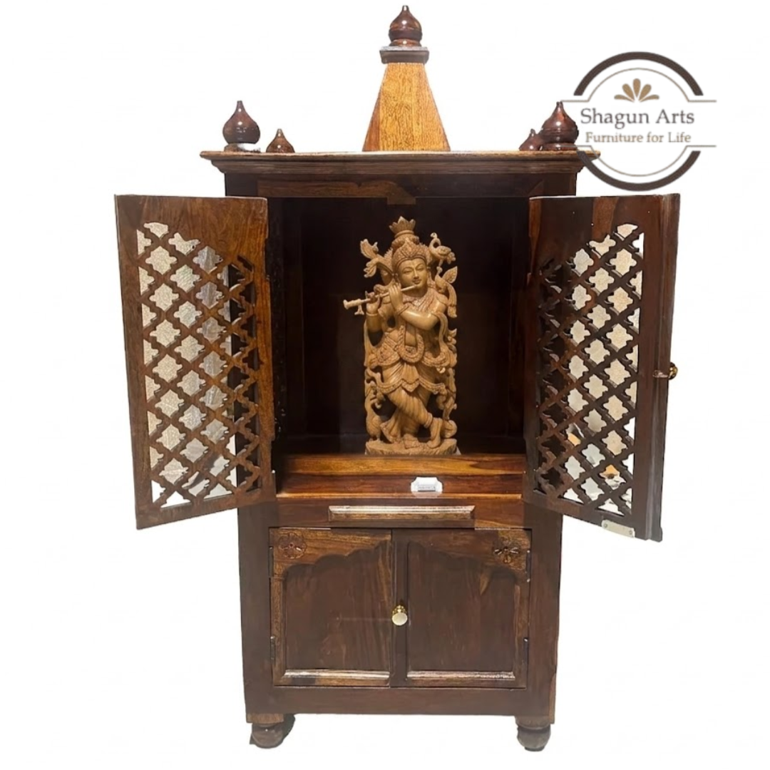 Handcrafted Wooden Pooja Mandir with Intricate Jaali Doors & Storage Cabinet
