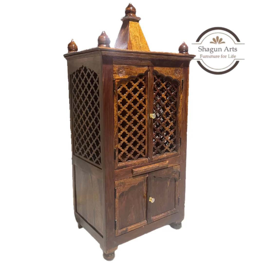 Handcrafted Wooden Pooja Mandir with Intricate Jaali Doors & Storage Cabinet