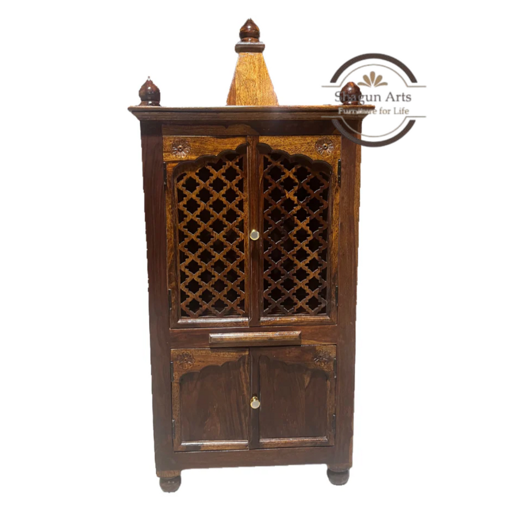 Handcrafted Wooden Pooja Mandir with Intricate Jaali Doors & Storage Cabinet