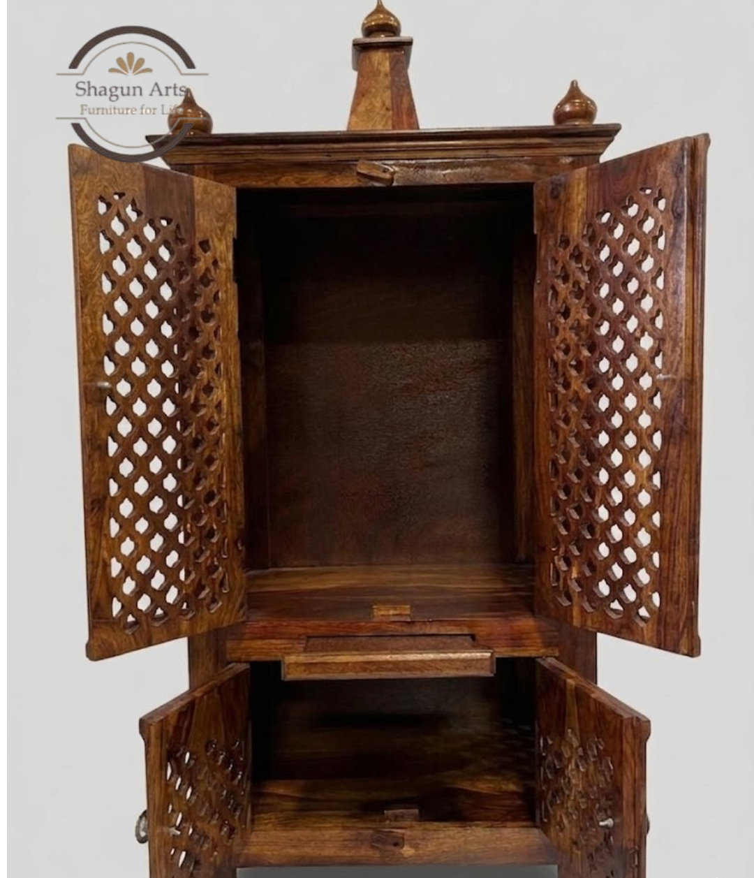 Handcrafted Wooden Pooja Mandir with Intricate Jaali Doors & Storage Cabinet