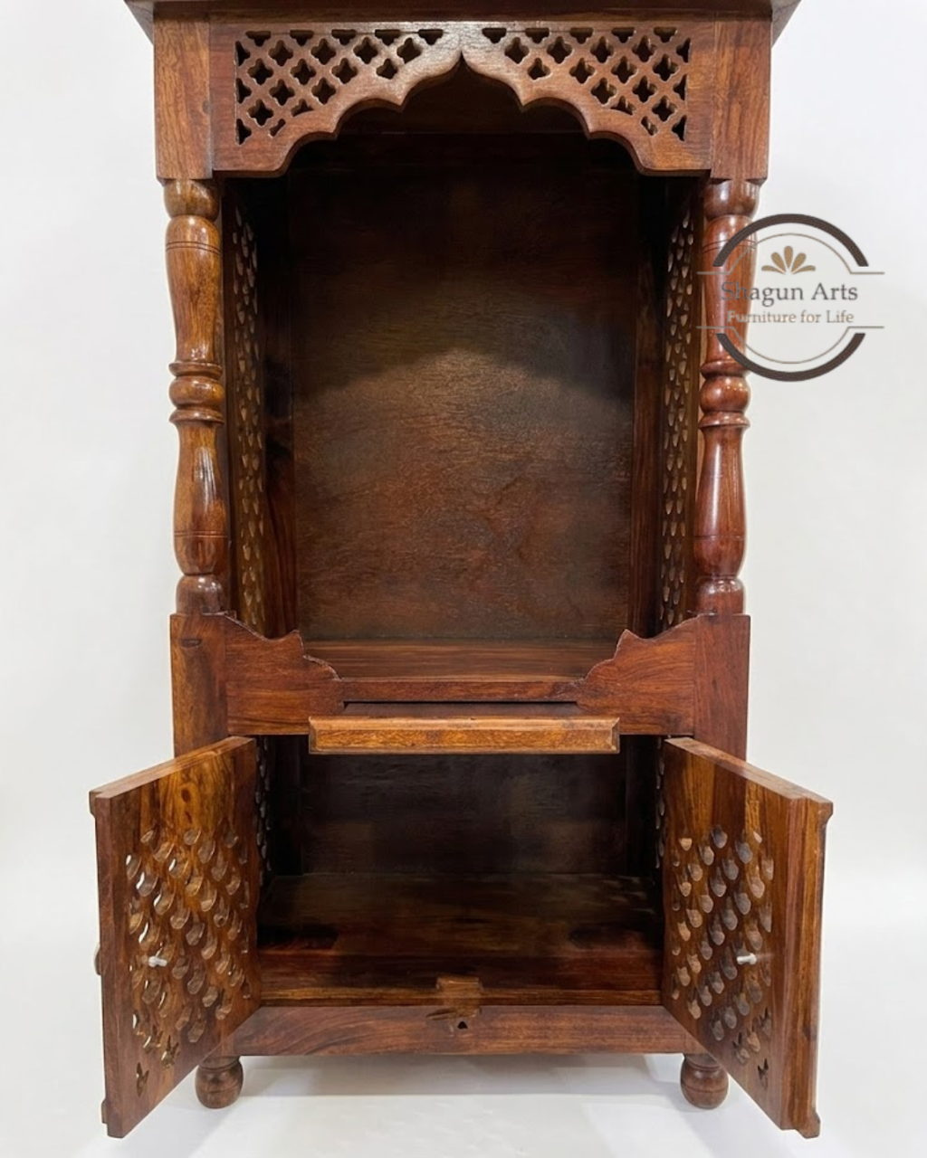 Handcrafted Wooden Pooja Mandir with Intricate Jaali Doors & Storage Cabinet