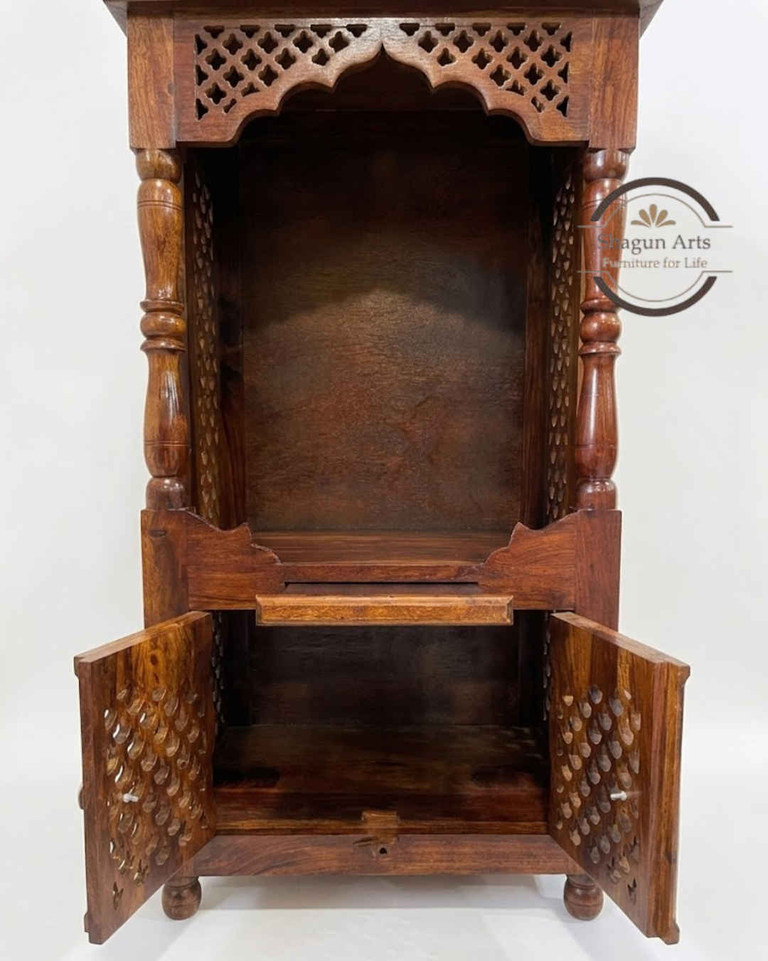 Handcrafted Wooden Pooja Mandir with Intricate Jaali Doors & Storage Cabinet