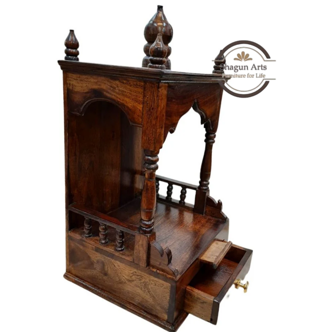 Traditional Sheesham Wooden Pooja Mandir with 2 Drawers – Handcrafted Home Temple In Honey Oak Finish