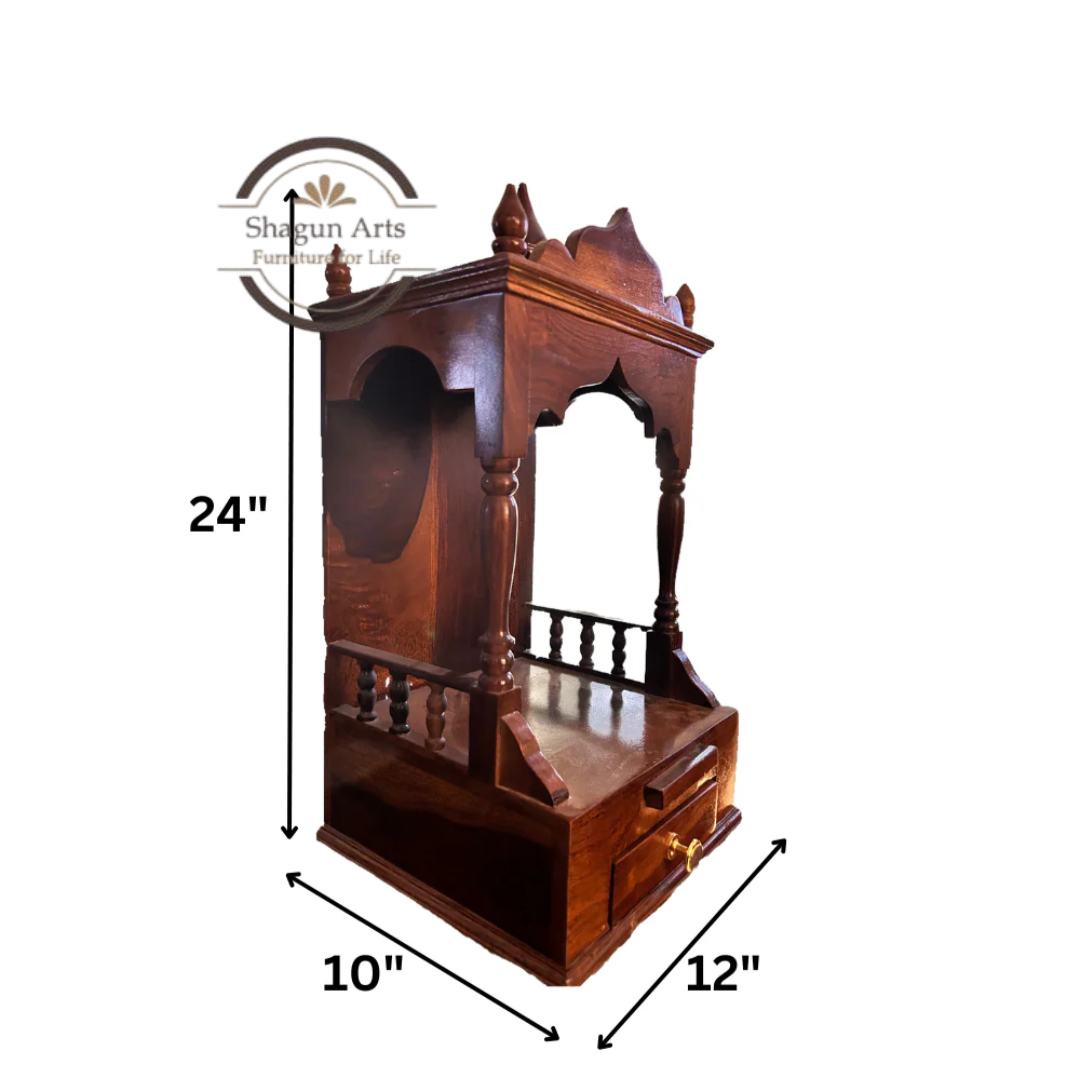 Traditional Sheesham Wooden Pooja Mandir with 2 Drawers – Handcrafted Home Temple In Honey Oak Finish