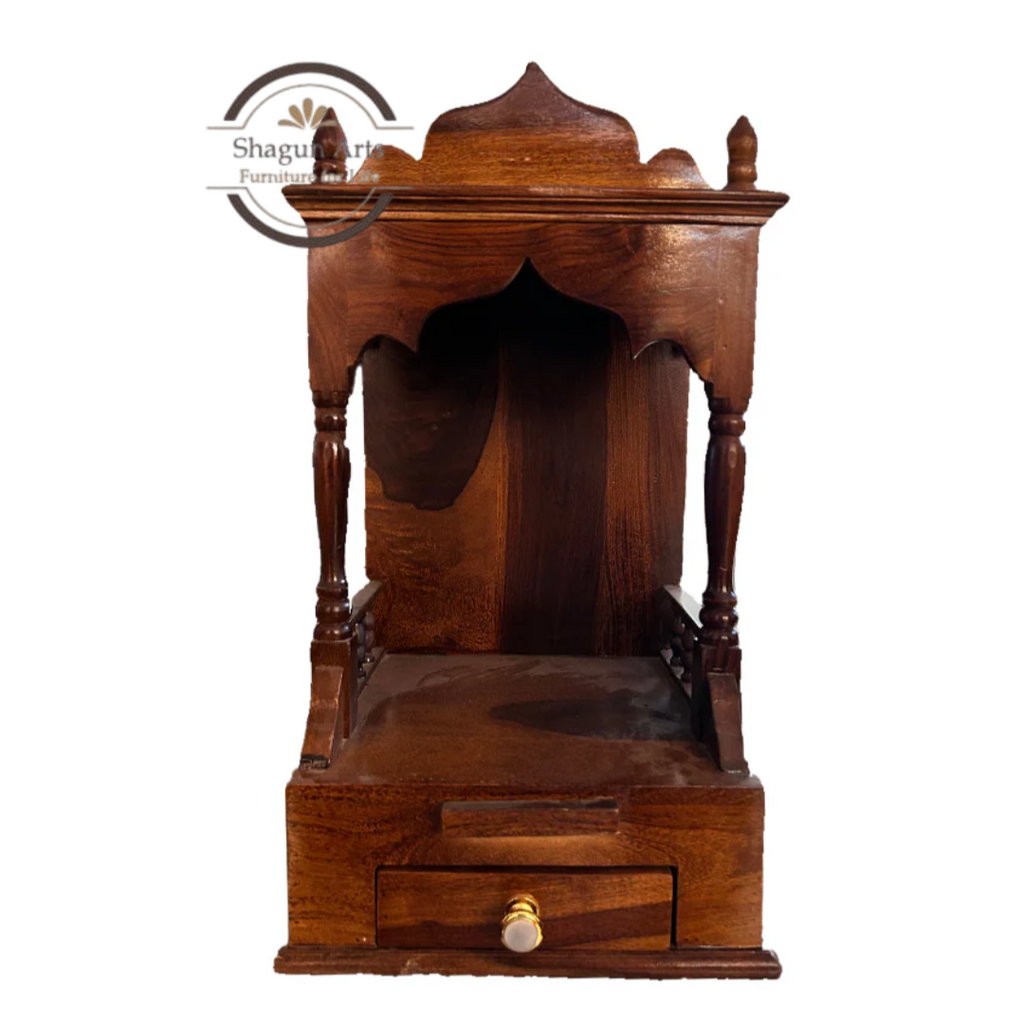 Traditional Sheesham Wooden Pooja Mandir with 2 Drawers – Handcrafted Home Temple In Honey Oak Finish