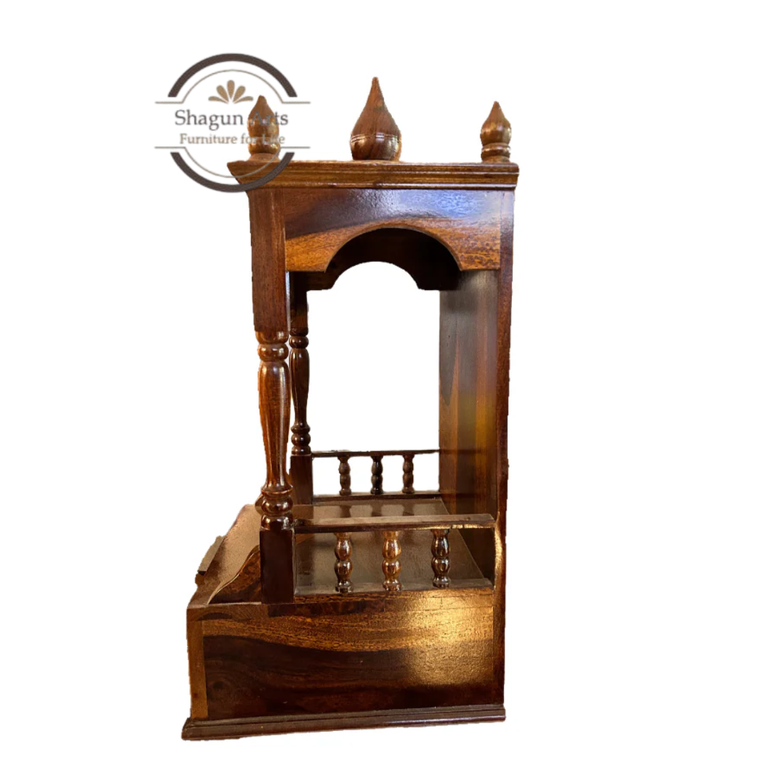 Traditional Sheesham Wooden Pooja Mandir with 2 Drawers – Handcrafted Home Temple In Honey Oak Finish