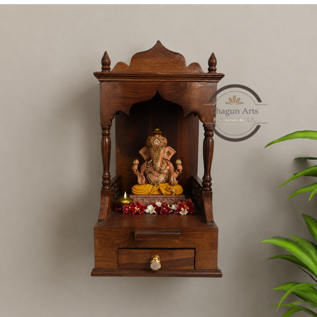 Traditional Sheesham Wooden Pooja Mandir with 2 Drawers – Handcrafted Home Temple In Honey Oak Finish