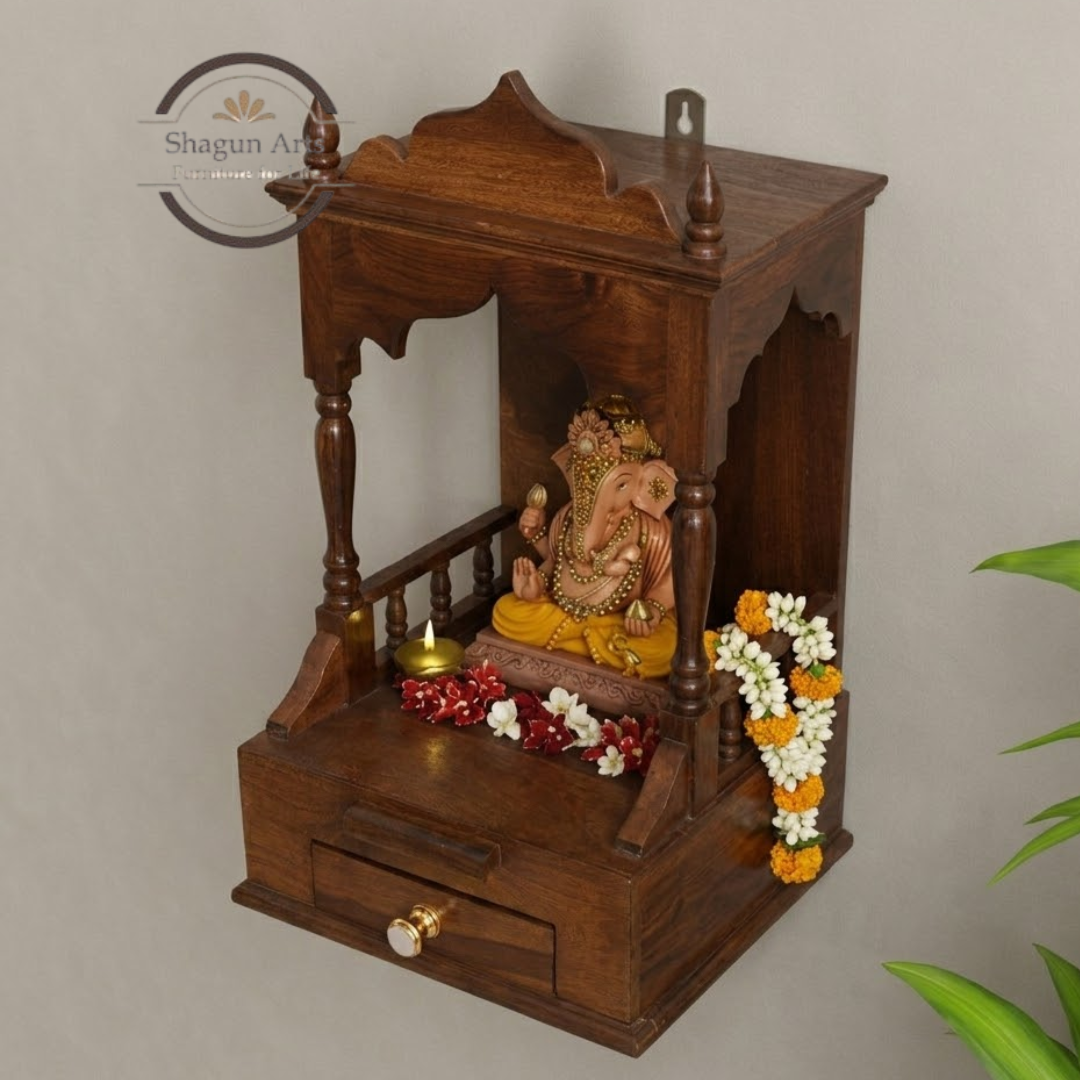 Traditional Sheesham Wooden Pooja Mandir with 2 Drawers – Handcrafted Home Temple In Honey Oak Finish