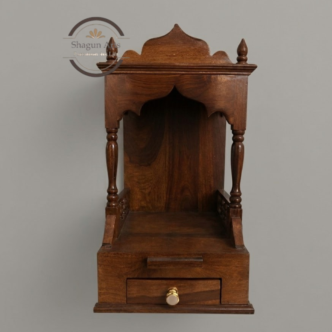 Traditional Sheesham Wooden Pooja Mandir with 2 Drawers – Handcrafted Home Temple In Honey Oak Finish