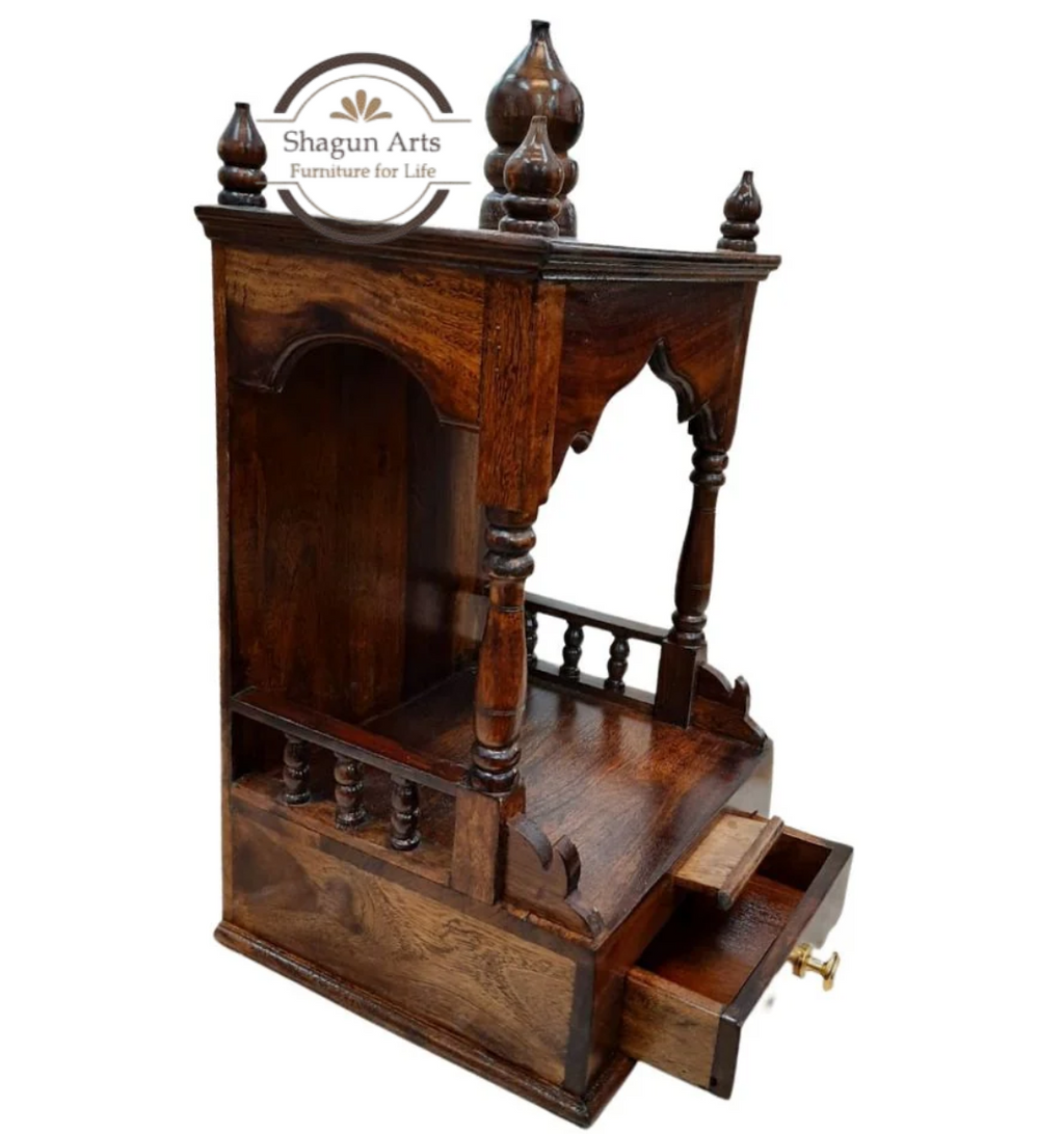 Traditional Sheesham Wooden Pooja Mandir with 2 Drawers – Handcrafted Home Temple In Honey Oak Finish