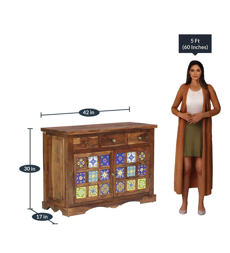 Emboss Solid Wood Sideboard in Rustic Teak Finish