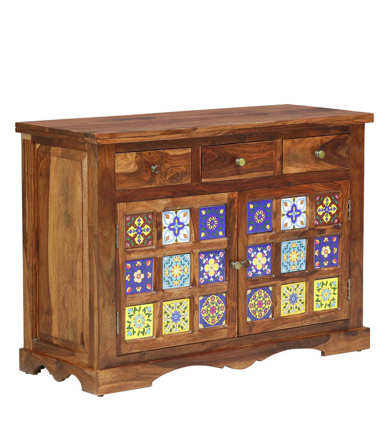 Emboss Solid Wood Sideboard in Rustic Teak Finish