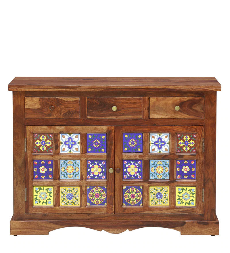 Emboss Solid Wood Sideboard in Rustic Teak Finish
