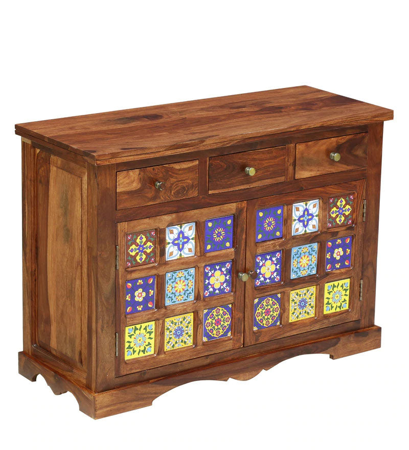 Emboss Solid Wood Sideboard in Rustic Teak Finish