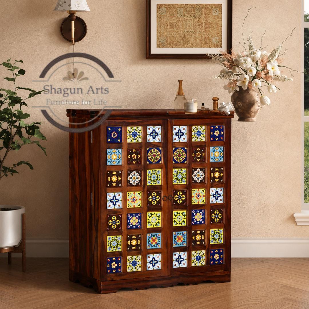 Keira Solid Sheesham Handcrafted Wooden Bar Cabinet with Tile Inlay Doors & Wine Rack