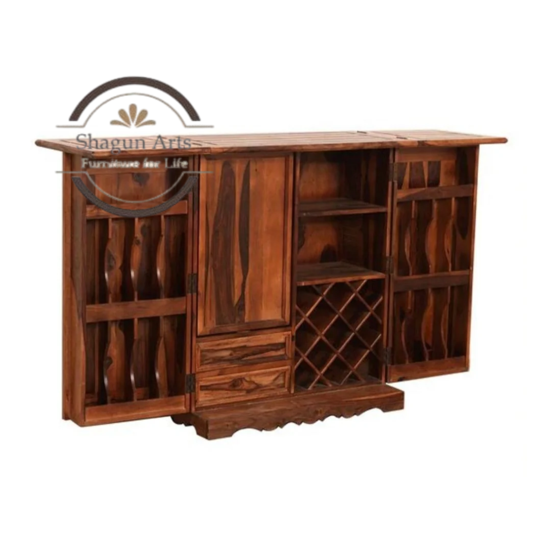 Keira Solid Sheesham Handcrafted Wooden Bar Cabinet with Tile Inlay Doors & Wine Rack