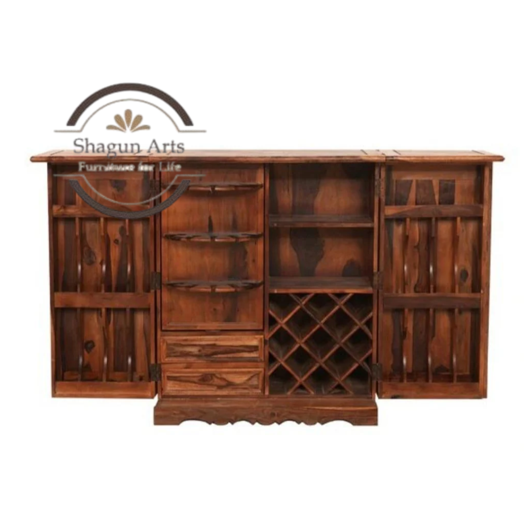 Keira Solid Sheesham Handcrafted Wooden Bar Cabinet with Tile Inlay Doors & Wine Rack