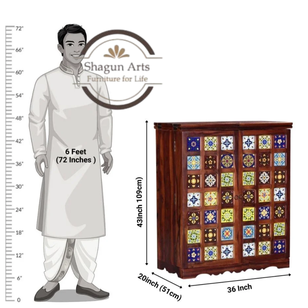 Keira Solid Sheesham Handcrafted Wooden Bar Cabinet with Tile Inlay Doors & Wine Rack