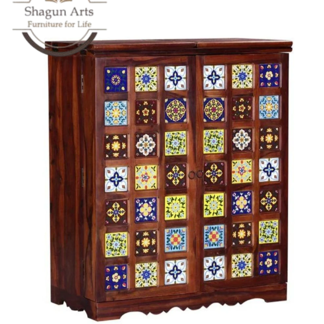 Keira Solid Sheesham Handcrafted Wooden Bar Cabinet with Tile Inlay Doors & Wine Rack