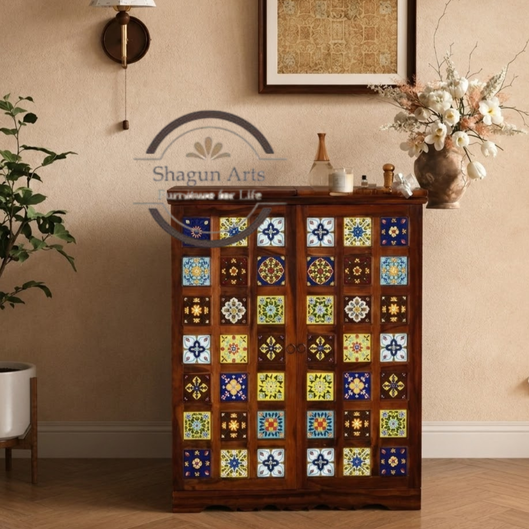 Keira Solid Sheesham Handcrafted Wooden Bar Cabinet with Tile Inlay Doors & Wine Rack