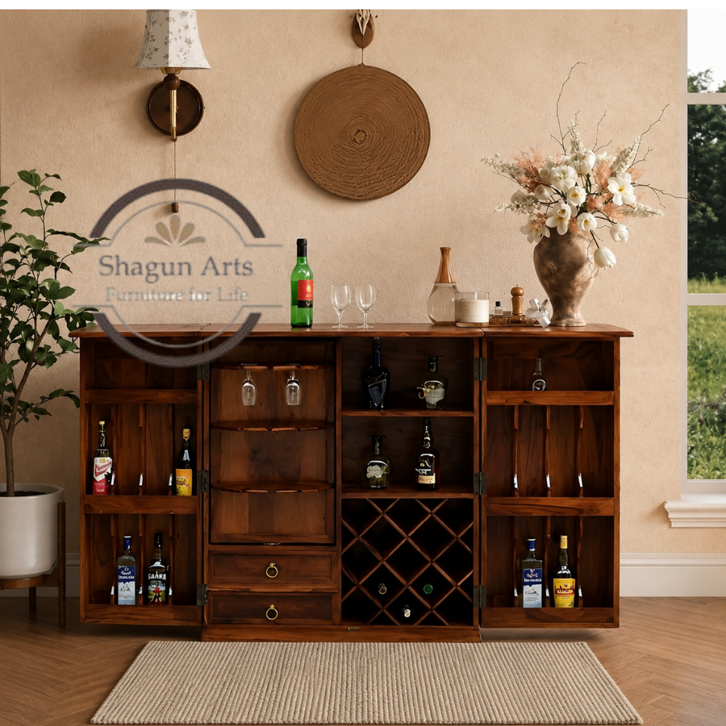 Keira Solid Sheesham Handcrafted Wooden Bar Cabinet with Tile Inlay Doors & Wine Rack