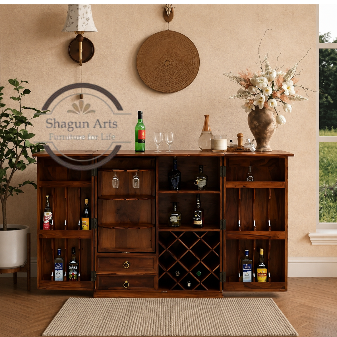 Keira Solid Sheesham Handcrafted Wooden Bar Cabinet with Tile Inlay Doors & Wine Rack