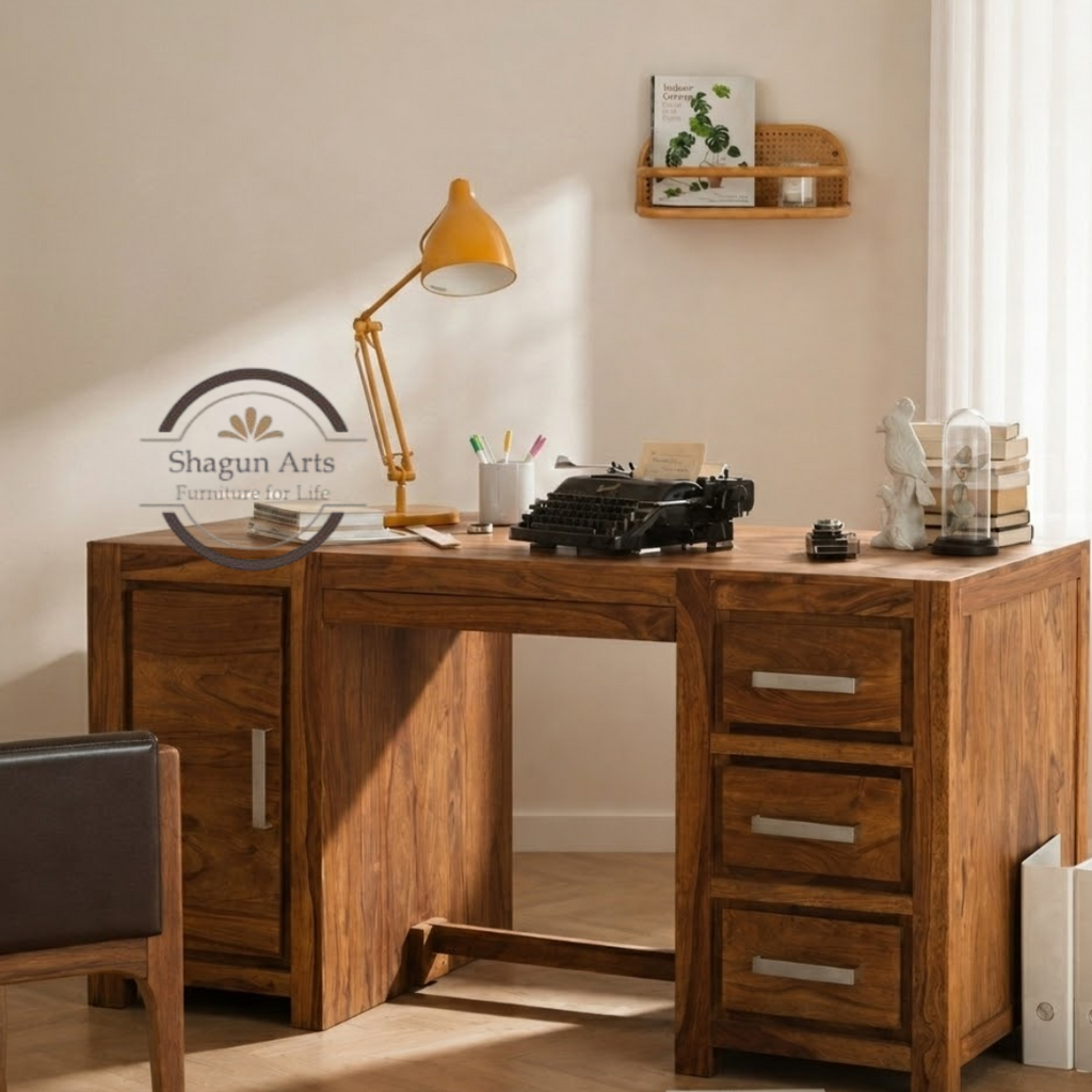 Solid Sheesham Wood Office Study Desk with 3 Drawers & Storage Cabinet | Wooden Computer Table for Home Office & Study | Honey Oak Finish Writing Desk