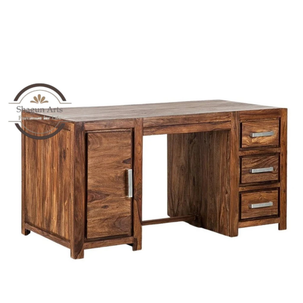 Solid Sheesham Wood Office Study Desk with 3 Drawers & Storage Cabinet | Wooden Computer Table for Home Office & Study | Honey Oak Finish Writing Desk