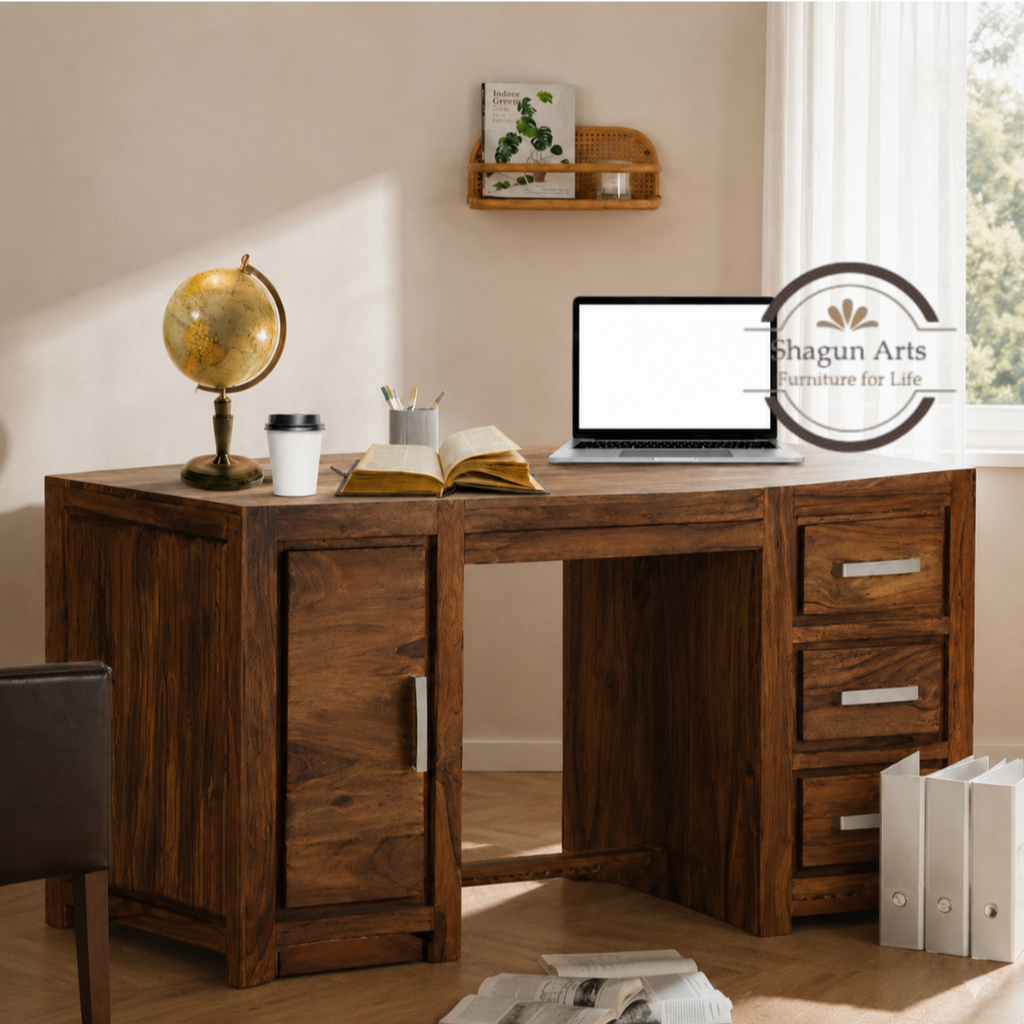 Solid Sheesham Wood Office Study Desk with 3 Drawers & Storage Cabinet | Wooden Computer Table for Home Office & Study | Honey Oak Finish Writing Desk