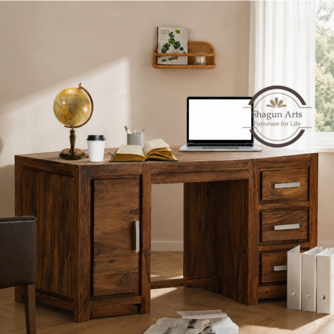 Solid Sheesham Wood Office Study Desk with 3 Drawers & Storage Cabinet | Wooden Computer Table for Home Office & Study | Honey Oak Finish Writing Desk