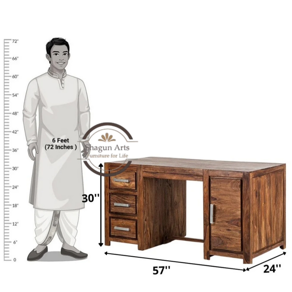 Solid Sheesham Wood Office Study Desk with 3 Drawers & Storage Cabinet | Wooden Computer Table for Home Office & Study | Honey Oak Finish Writing Desk