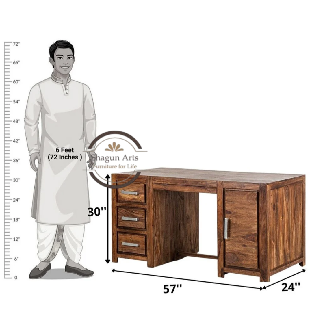 Solid Sheesham Wood Office Study Desk with 3 Drawers & Storage Cabinet | Wooden Computer Table for Home Office & Study | Honey Oak Finish Writing Desk