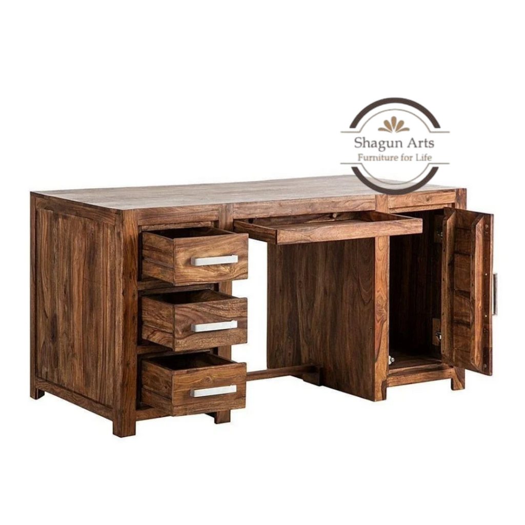 Solid Sheesham Wood Office Study Desk with 3 Drawers & Storage Cabinet | Wooden Computer Table for Home Office & Study | Honey Oak Finish Writing Desk