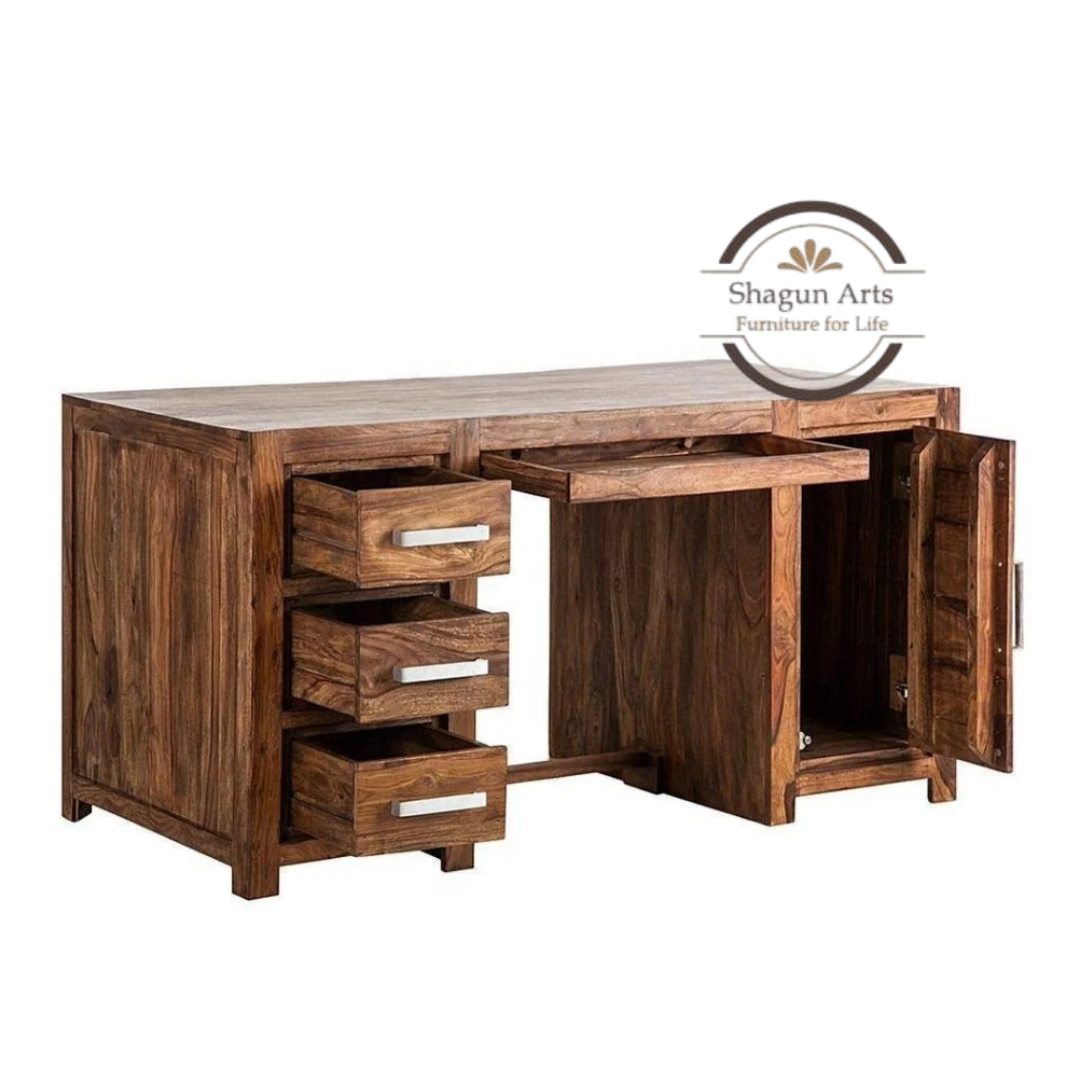 Solid Sheesham Wood Office Study Desk with 3 Drawers & Storage Cabinet | Wooden Computer Table for Home Office & Study | Honey Oak Finish Writing Desk