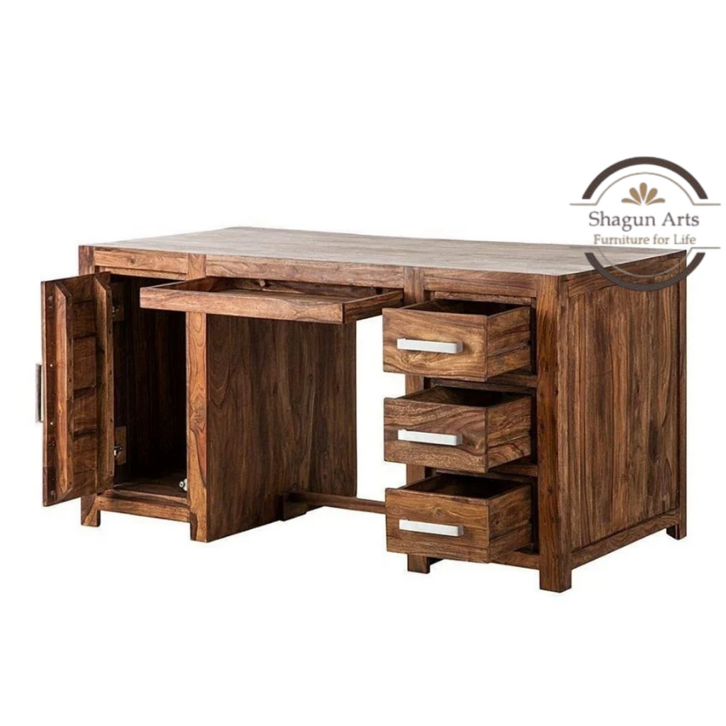 Solid Sheesham Wood Office Study Desk with 3 Drawers & Storage Cabinet | Wooden Computer Table for Home Office & Study | Honey Oak Finish Writing Desk