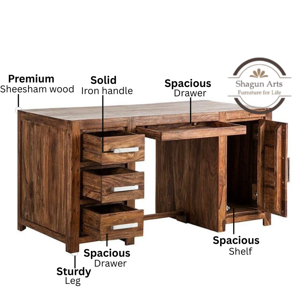 Solid Sheesham Wood Office Study Desk with 3 Drawers & Storage Cabinet | Wooden Computer Table for Home Office & Study | Honey Oak Finish Writing Desk