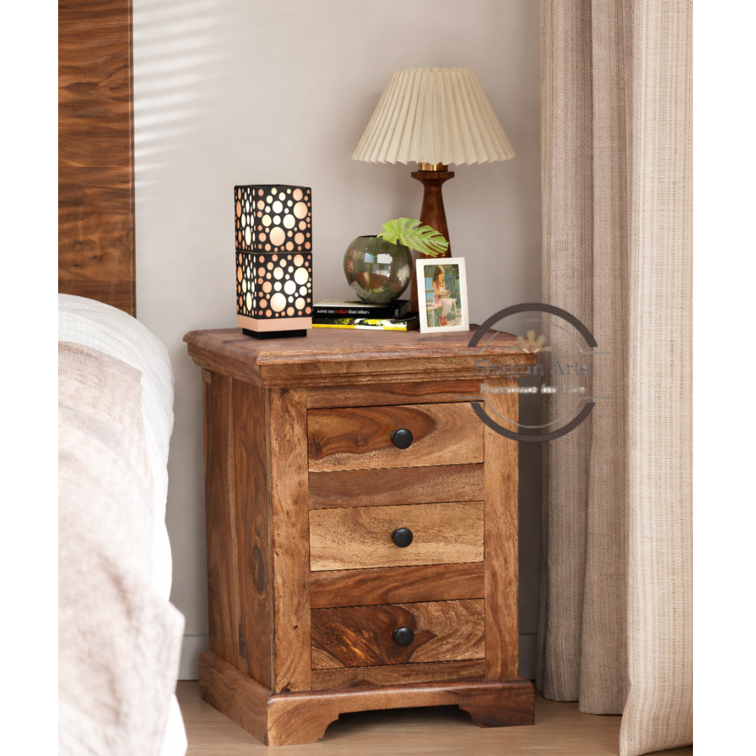 Solid Sheesham Wood 3 Drawer Bedside Table | Wooden Nightstand with Storage | Natural Finish