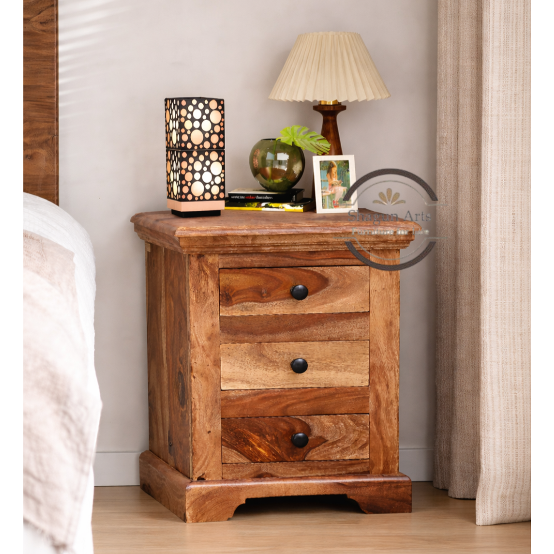 Solid Sheesham Wood 3 Drawer Bedside Table | Wooden Nightstand with Storage | Natural Finish