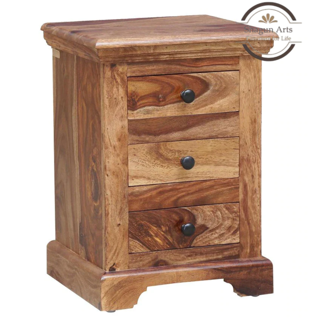 Solid Sheesham Wood 3 Drawer Bedside Table | Wooden Nightstand with Storage | Natural Finish