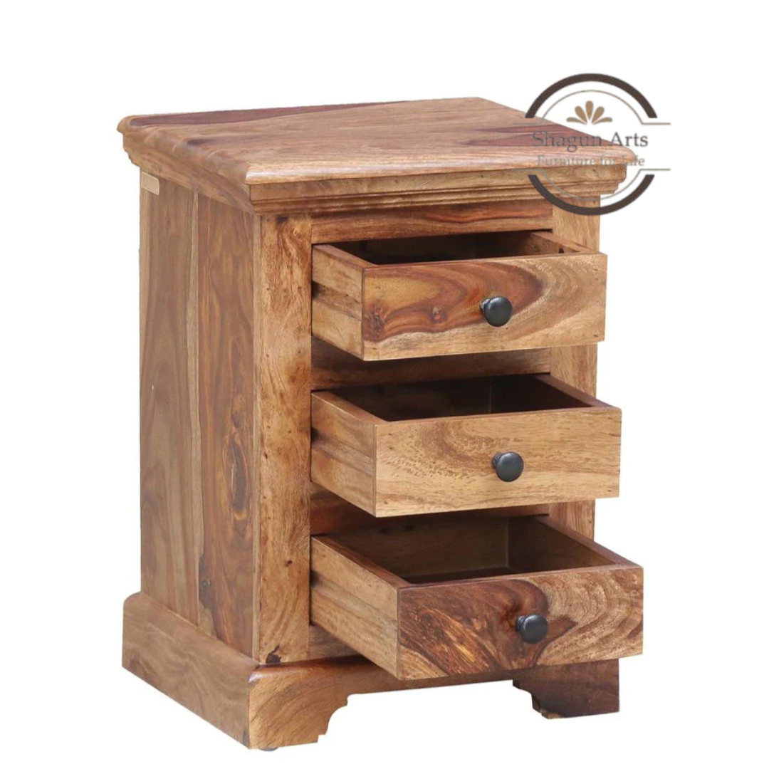Solid Sheesham Wood 3 Drawer Bedside Table | Wooden Nightstand with Storage | Natural Finish