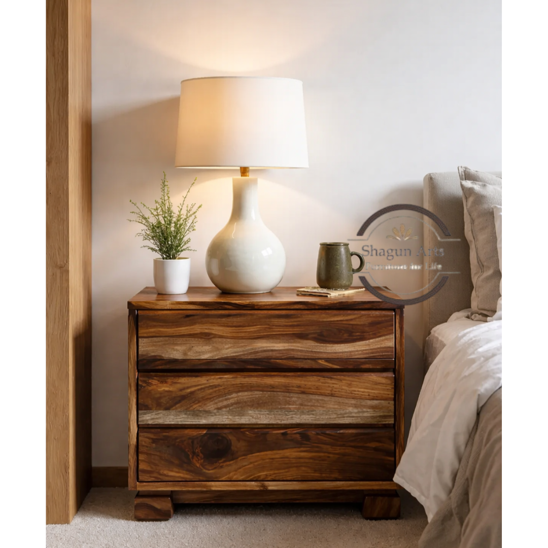 Aster Solid Sheesham Wood 3 Drawer Bedside Table