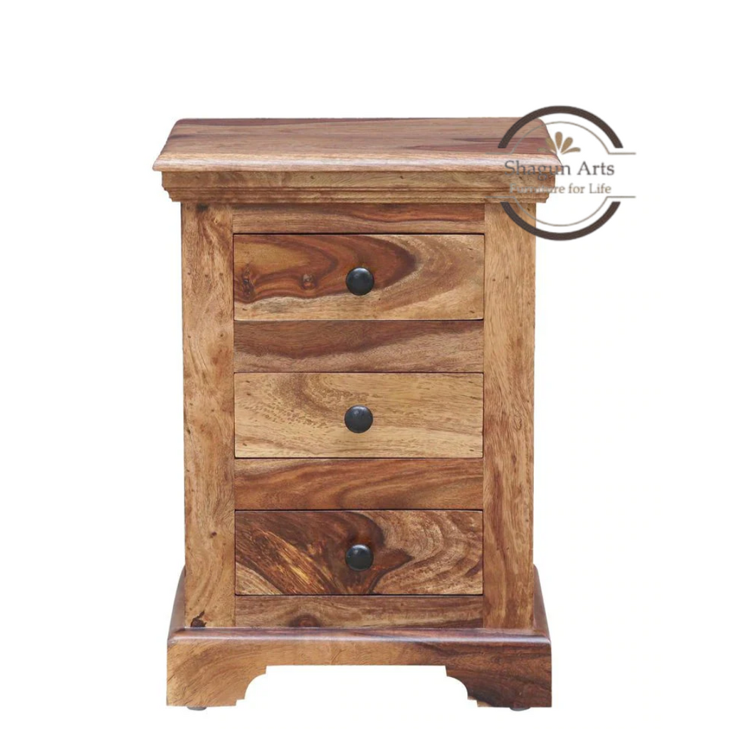 Solid Sheesham Wood 3 Drawer Bedside Table | Wooden Nightstand with Storage | Natural Finish