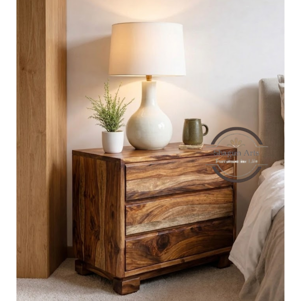 Aster Solid Sheesham Wood 3 Drawer Bedside Table