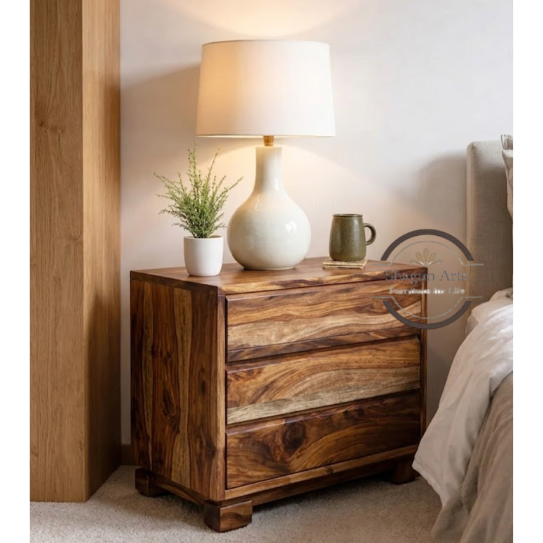 Aster Solid Sheesham Wood 3 Drawer Bedside Table